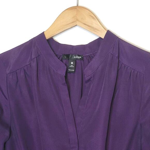 Aqua V Neck Purple Mini Dress Long Sleeve Drawstring Tie Waist Workwear Party S - Picture 4 of 13